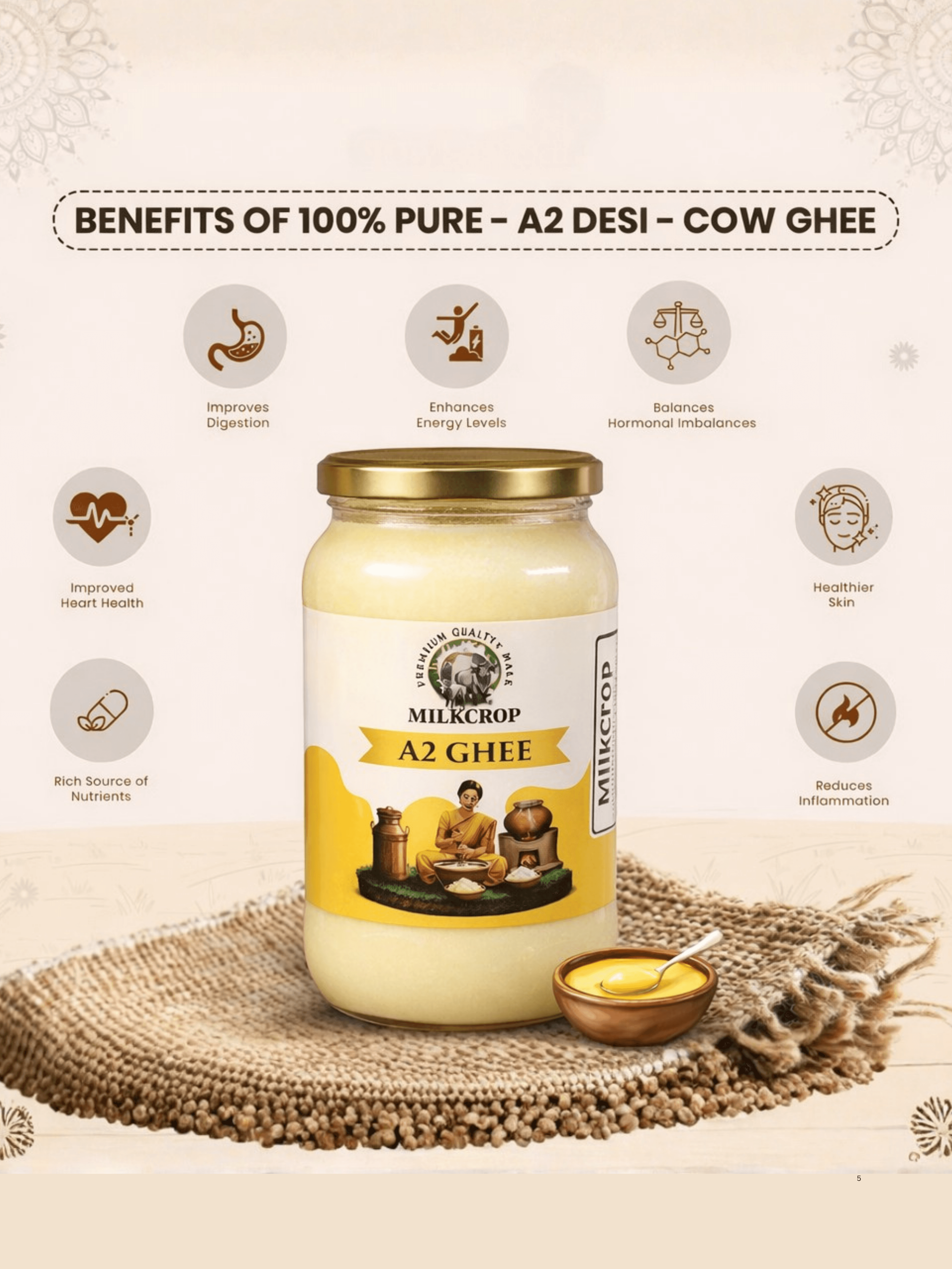 Benefits of 100% Pure A2 Desi Cow Ghee — improves digestion, enhances energy, balances hormones, heart health, healthier skin, reduces inflammation, rich source of nutrients