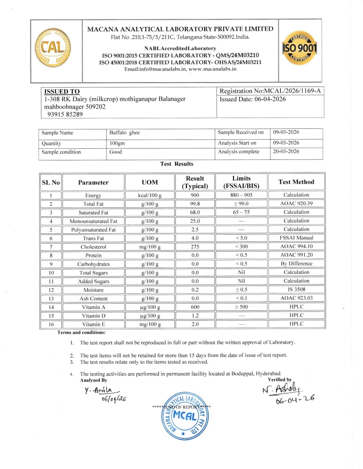 A2 Buffalo Ghee — Nutritional Test — MCAL Lab Report