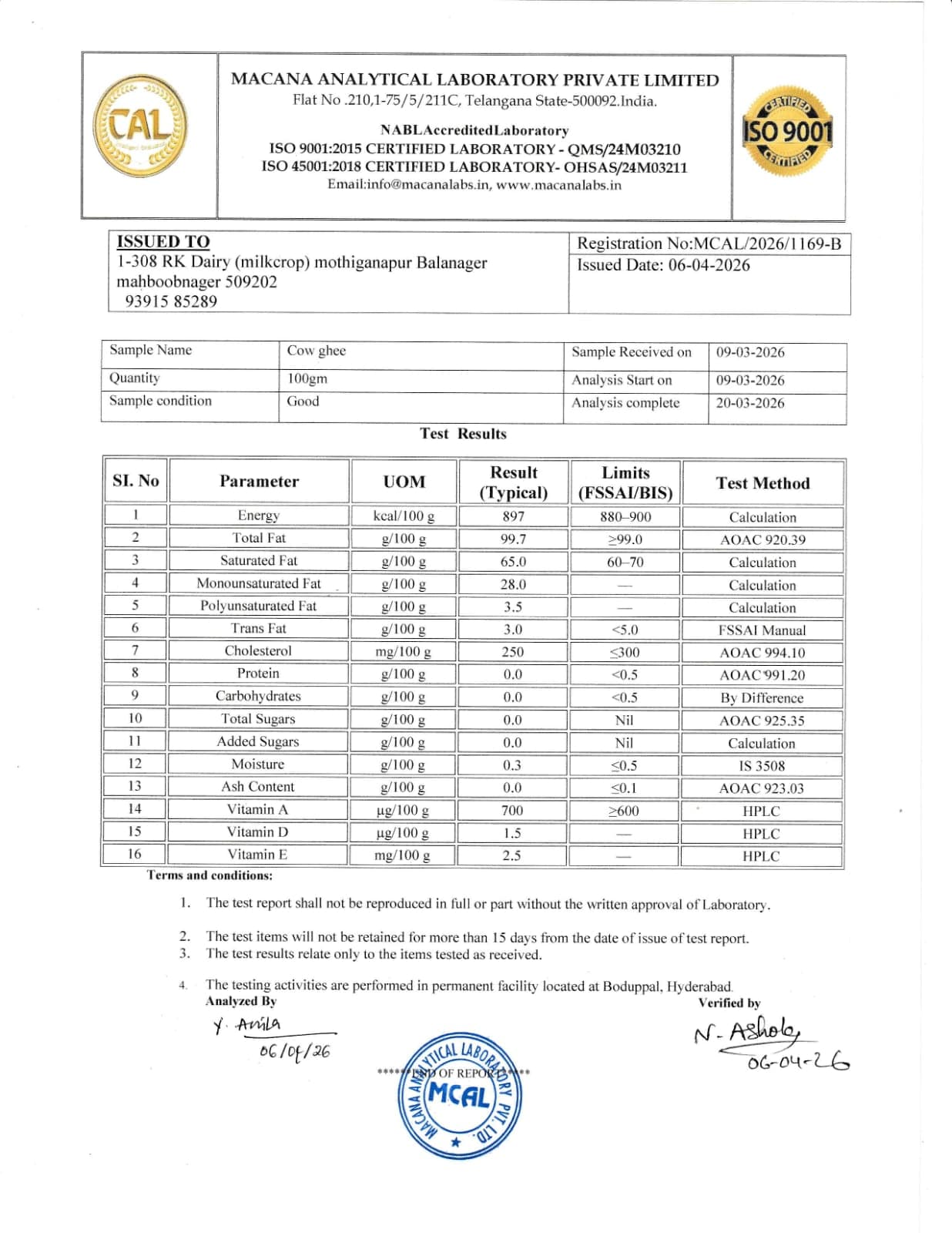 A2 Cow Ghee — Nutritional Test — MCAL Lab Report