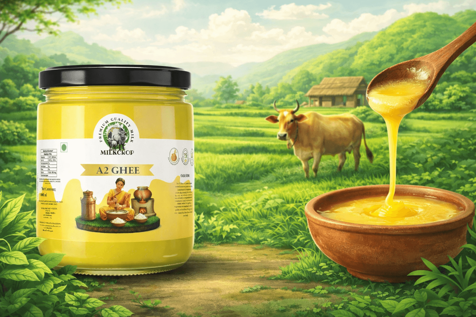 A2 Cow Ghee jar in a Mothiganapur pasture with a cow and golden ghee being poured