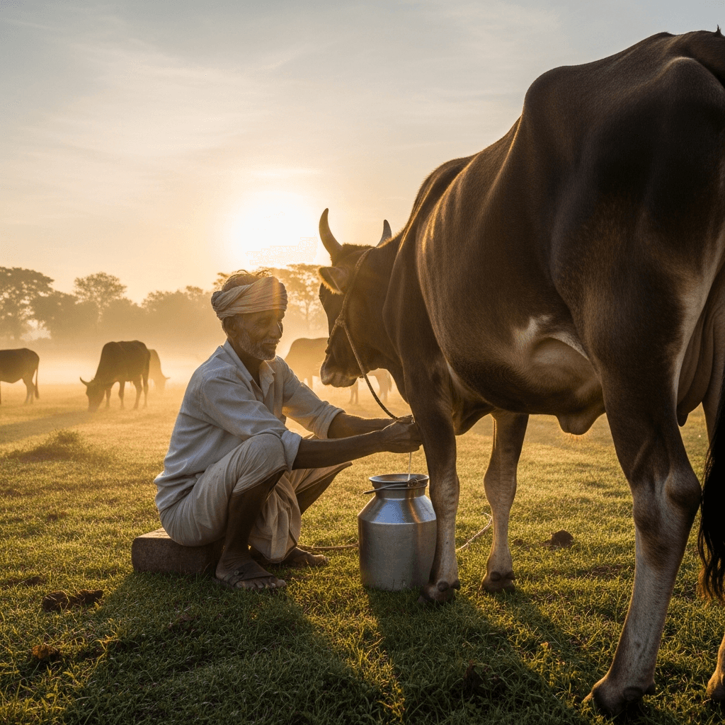 Mothiganapur farm at sunrise — hand-milking an A2 cow