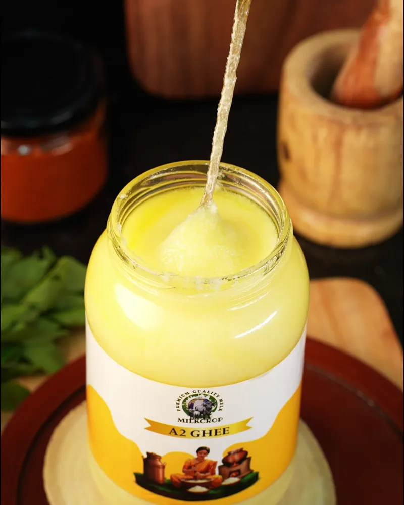 Gir Cow Bilona Ghee in a Milkcrop glass jar